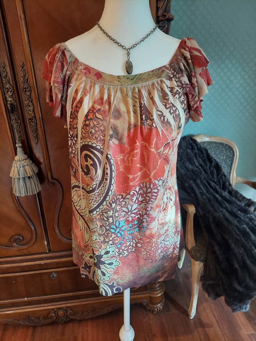 B.L.E.U. Multicolor Paisley Off-Shoulder Tunic — Red, Tan, Green Accents